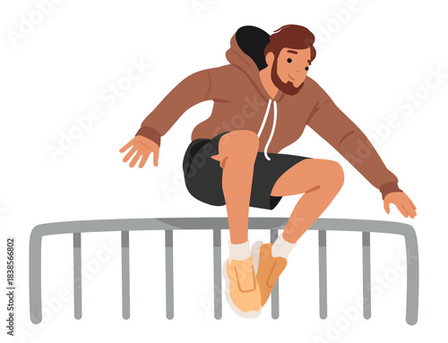 Hipster man parkourist character jumping over steel fencing with precision and dexterity scene
