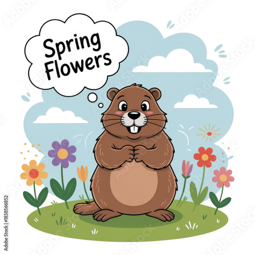Cute cartoon groundhog thinking about spring flowers in a vibrant meadow