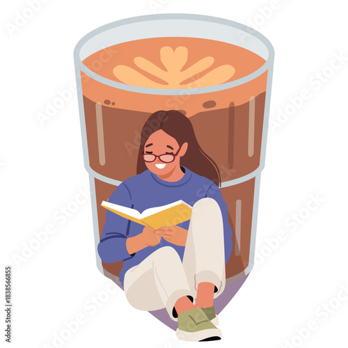 Teenage student cartoon character reading book leaning back to huge cup of coffee isolated on white