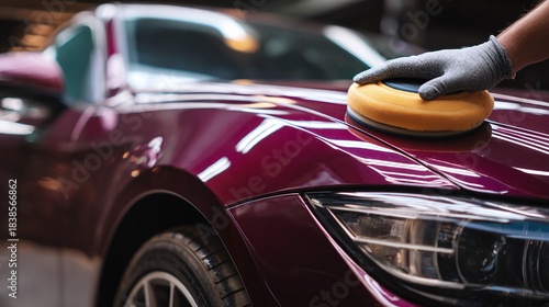 A gloved hand gently buffs the gleaming hood of a deep burgundy car, light reflecting off its smooth, polished surface. Care and attention to detail are evident in this close-up.