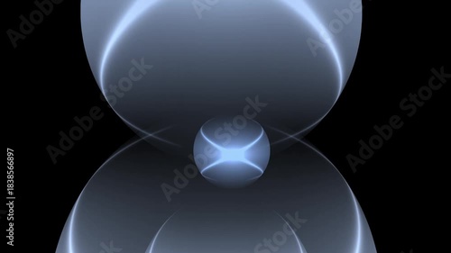 Abstract glowing blue light sphere reflection on dark reflective surface background design