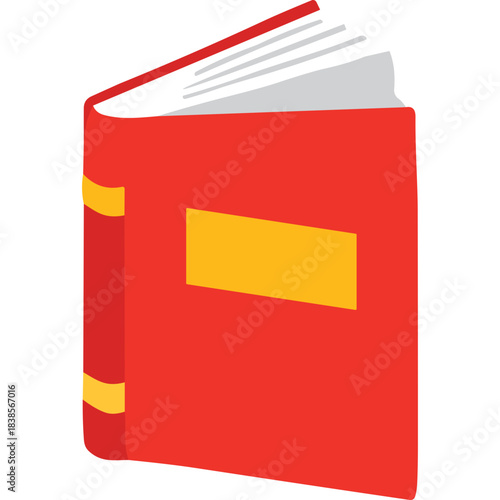 A Closed Red Hardcover Book with Yellow Label and White Pages Standing Upright Isolated on a Black Background Symbolizing Knowledge and Education