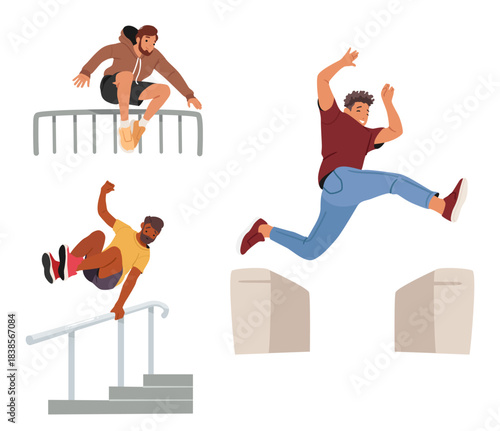 Parkourists characters jumping overcoming obstacles demonstrating incredible agility through parkour