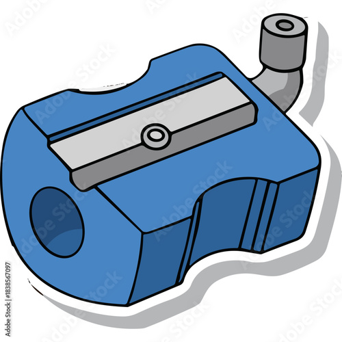 A Blue Manual Pencil Sharpener with Silver Blade and Gray Metal Insert on a White Background