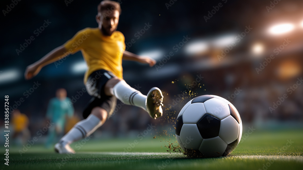 Fototapeta premium Soccer player kicks, ball full force, green stadium field, dirt flying cleats, dynamic motion display, football energy concept, male athletics summer, sport goal attempt, match int