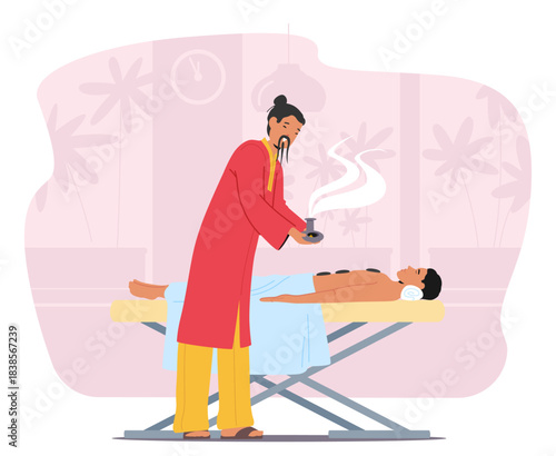 Master applying thalassotherapy and aromatherapy Eastern alternative medicine cartoon scene