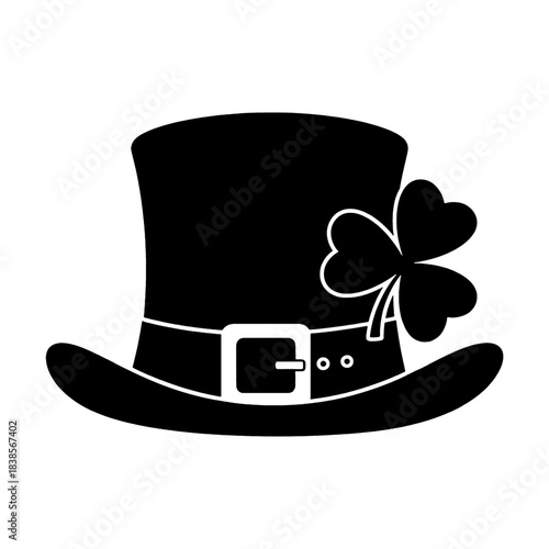 Black leprechaun top hat with a lucky three-leaf clover and buckle, a festive St. Patrick's Day silhouette icon isolated on transparent background.