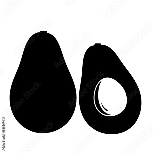 Black avocado silhouettes, one whole and one cut in half revealing its pit, presented as a minimalist graphic icon isolated on transparent background.
