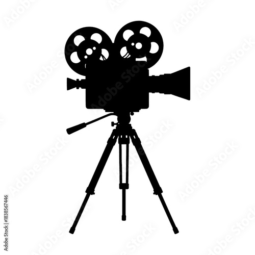Classic vintage film camera silhouette on a sturdy tripod, ready to capture cinematic moments, isolated on transparent background.