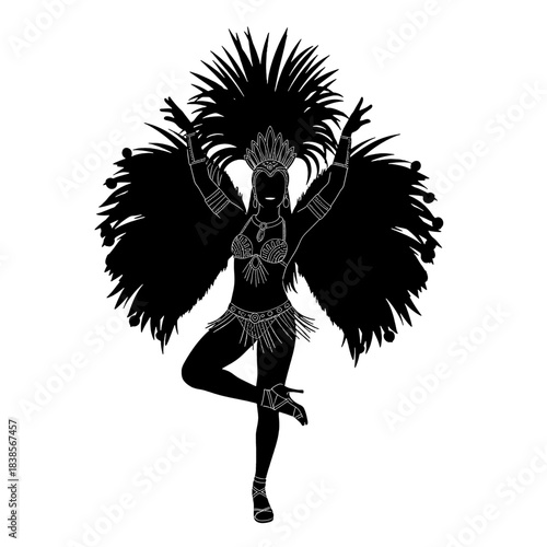 Black silhouette of a vibrant carnival dancer in an elaborate feathered costume, striking a dynamic pose, isolated on transparent background.
