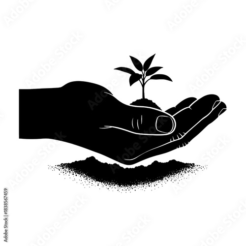 Black silhouette of a human hand gently cradling a small plant sprout with soil, symbolizing growth, nature, and environmental care, isolated on transparent background.