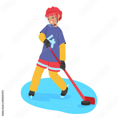 Little cute kid hockey player radiating enthusiasm while skating on ice rink vector illustration