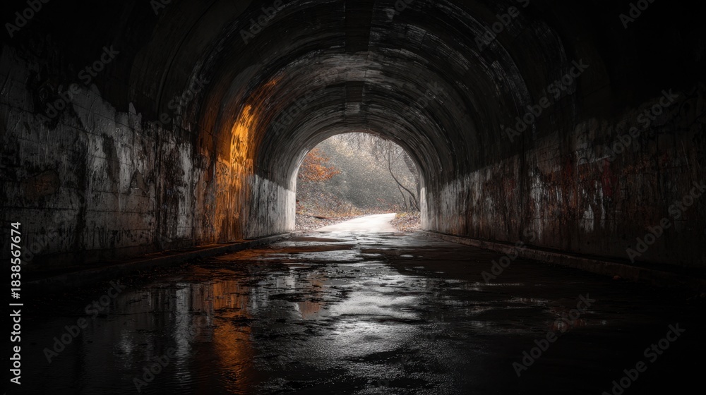 Naklejka premium A tunnel with wet ground reflects light as it leads to a path. Trees are visible outside and the atmosphere feels dark and moody. The scene shows a transition from darkness to light.