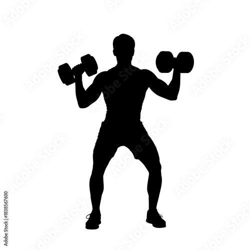 Strong man silhouette lifting dumbbells during a workout, showcasing fitness and strength, isolated on transparent background for versatile design projects.