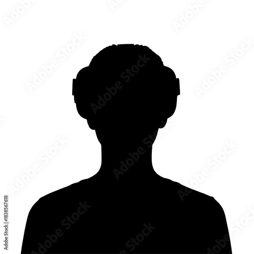 Black silhouette of a person wearing a virtual reality headset, viewed from behind, experiencing digital worlds, isolated on transparent background.