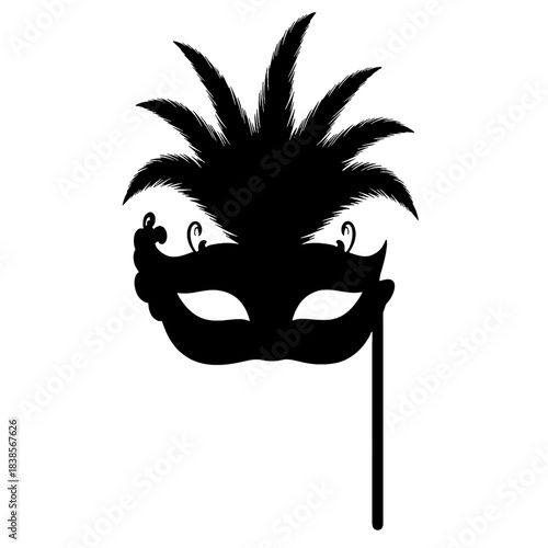 Elegant black silhouette of a festive carnival masquerade mask adorned with decorative feathers and intricate swirls, held by a stick, isolated on transparent background.