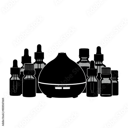 Essential oil diffuser and various dropper bottles, a collection of aromatherapy and wellness items, depicted as a black silhouette isolated on transparent background.