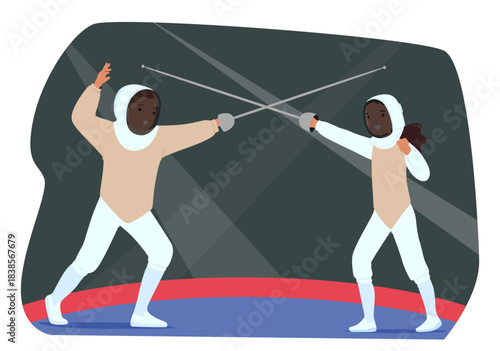 Children actively engaged in epee fencing enjoying after school sports hobby activity cartoon scene