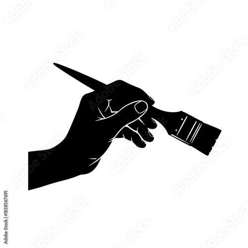 Black silhouette of an artist's hand firmly gripping a paintbrush, ready to create, symbolizing artistic expression, creativity, and craftsmanship, isolated on transparent background.