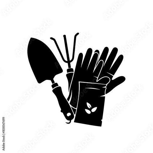 Black silhouette of essential gardening tools including a trowel, hand rake, and gloves, perfect for planting and cultivation, isolated on transparent background.