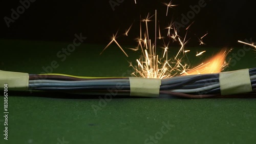 A short circuit causes bright sparks and local ignition among insulated cables.