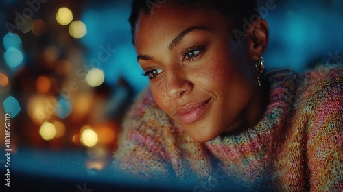 A young woman in a cozy knitted sweater smiles as she interacts with a glowing holographic snowflake, framed by soft festive lights in a modern living room.