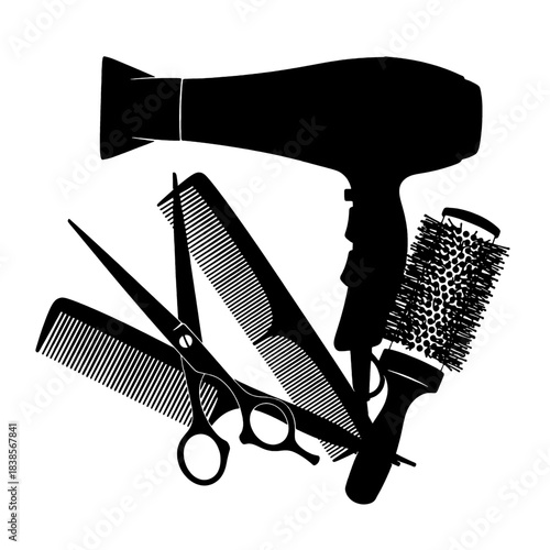 Hairdressing tools silhouette featuring a hairdryer, scissors, combs, and a round brush, essential equipment for barbershops and salons, isolated on transparent background.