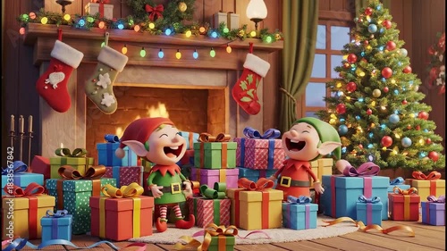 Joyful elves share a magical holiday moment by the cozy fireplace filled with colorful gifts and festive cheer