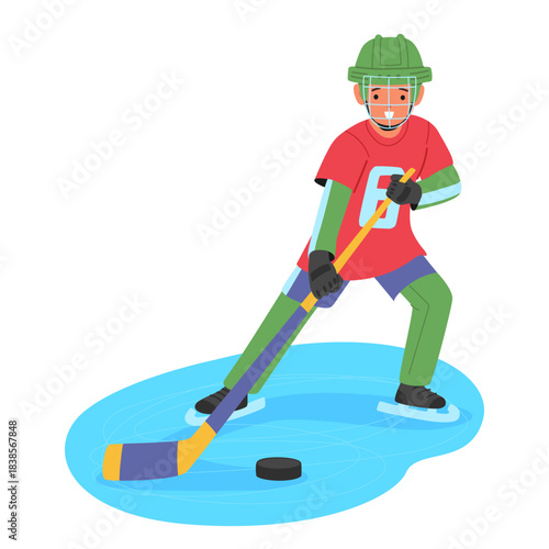 Kid hockey player cartoon character kicking puck with stick enjoying competition vector illustration