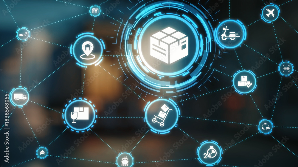 Obraz premium Goods delivery tracking icons show shipping, goods delivery routes, and logistics monitoring. Goods delivery tracking ensures timely goods delivery, secure handling, and accurate tracking. Gist