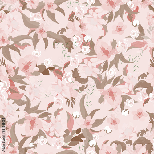 Full seamless floral pattern. Fabric print vector hibiscus blossom background. Watercolor abstract design, graceful pink flower leaves. Stylish trendy textile.