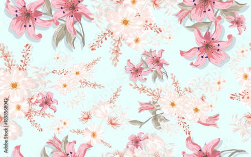 Full seamless lilium camomile floral pattern background for fabric print. Ditsy illustration. Red lily and daisy flowers leaves vector design for women dress and textile.