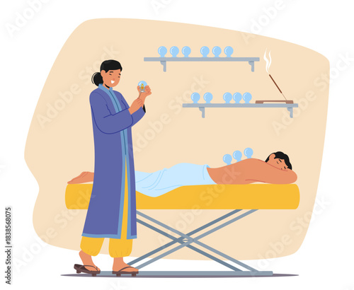 Woman master applying cupping therapy representing traditional Eastern alternative medicine