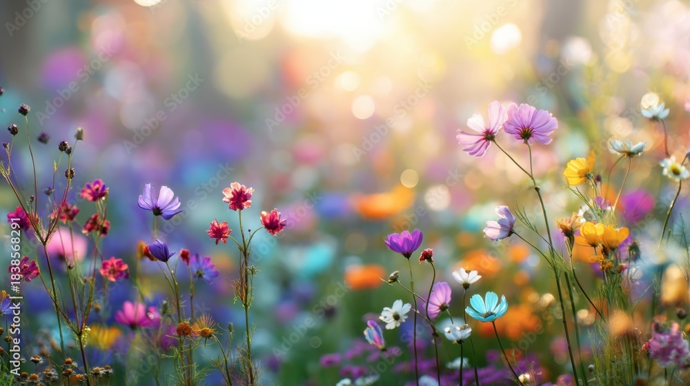 Fototapeta premium A variety of flowers are blooming in a garden filled with colors. Sunlight shines through the trees creating a bright atmosphere in spring.