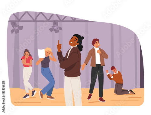 Diverse people characters performing on theatrical stage enjoying group drama class activities