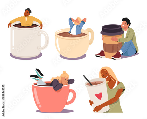 Satisfied and glad people cartoon characters immersed in cup of coffee, hugging takeaway aroma drink