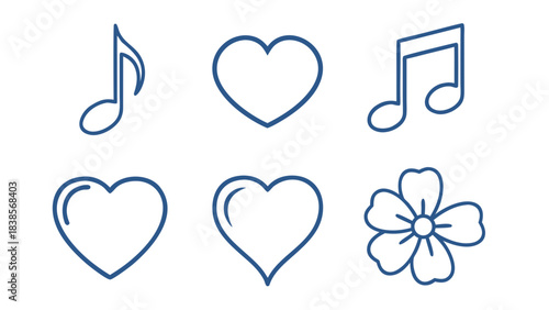 Set of six blue outline icons featuring musical notes hearts and a flower against a plain black background representing love music and nature