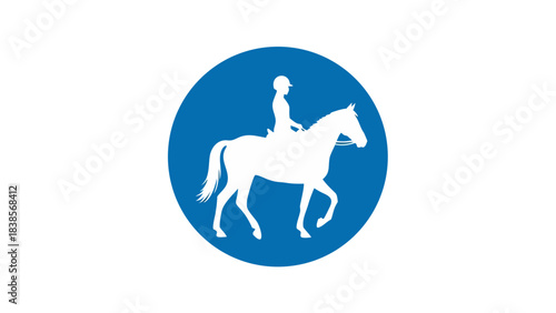Silhouette of a jockey on a horse within a blue circle on a black background representing equestrian sport or a logo element