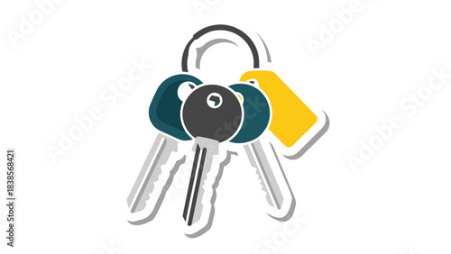 Set of Four Metal Keys with Yellow Tag Attached to Keyring Against Black Background with White Outline and Shadow