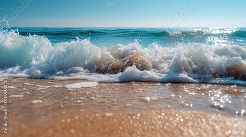 Waves roll onto a sandy beach creating foam and splashes against the shore. The sun shines brightly overhead illuminating the water and sand.