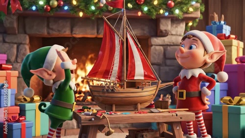 Joyful elves crafting a magical wooden ship surrounded by colorful gifts in a cozy holiday setting