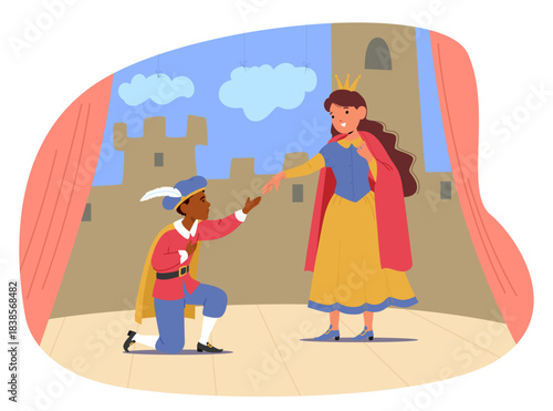 Cute children engaged in theatrical arts enjoying artistic after-school activities cartoon scene