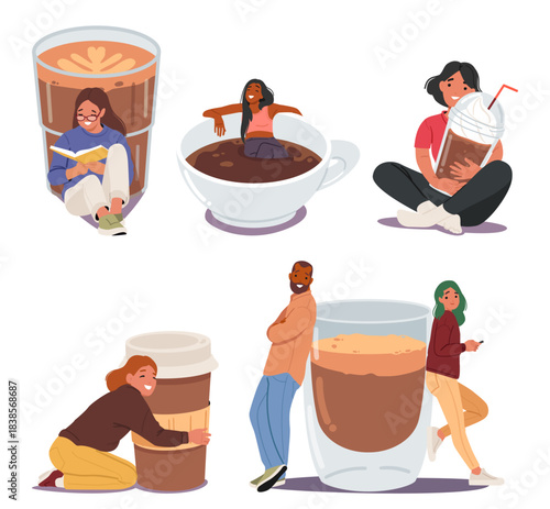 Diverse tiny people cartoon characters with giant coffee cups enjoying refreshing beverage moments