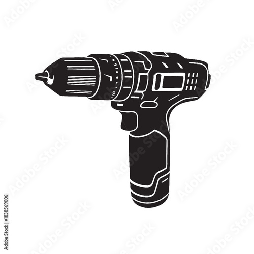 Professional black and white vector illustration of a powerful cordless power drill, essential hand tool for construction, DIY projects, and home renovation.