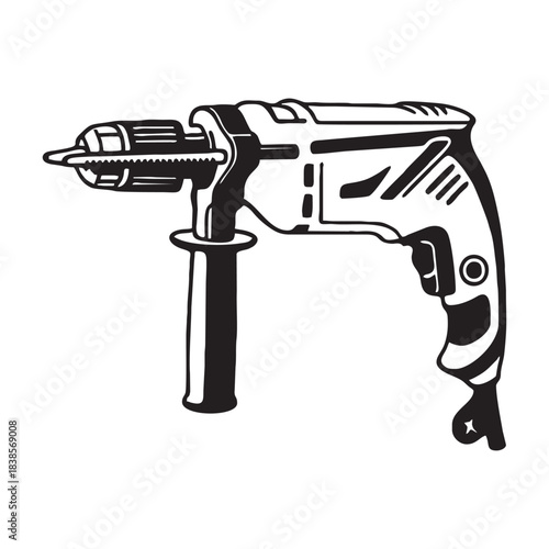 Professional black and white vector illustration of a powerful cordless power drill, essential hand tool for construction, DIY projects, and home renovation.