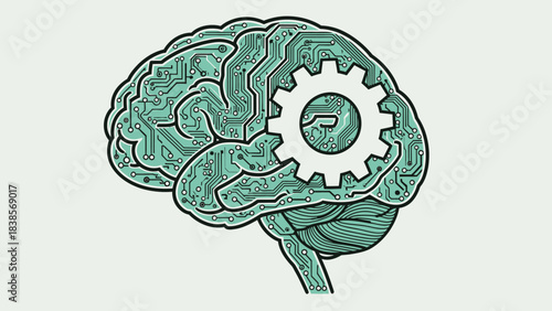 Circuit board brain with gear cog representing artificial intelligence