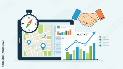Business strategy and market analysis on digital tablet with handshake