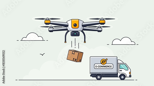 Drone delivering package to e-commerce truck efficiently