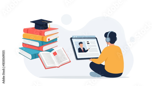 Online learning and education concept with student in headphones