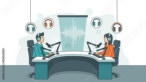 Two podcasters recording an episode in a modern studio